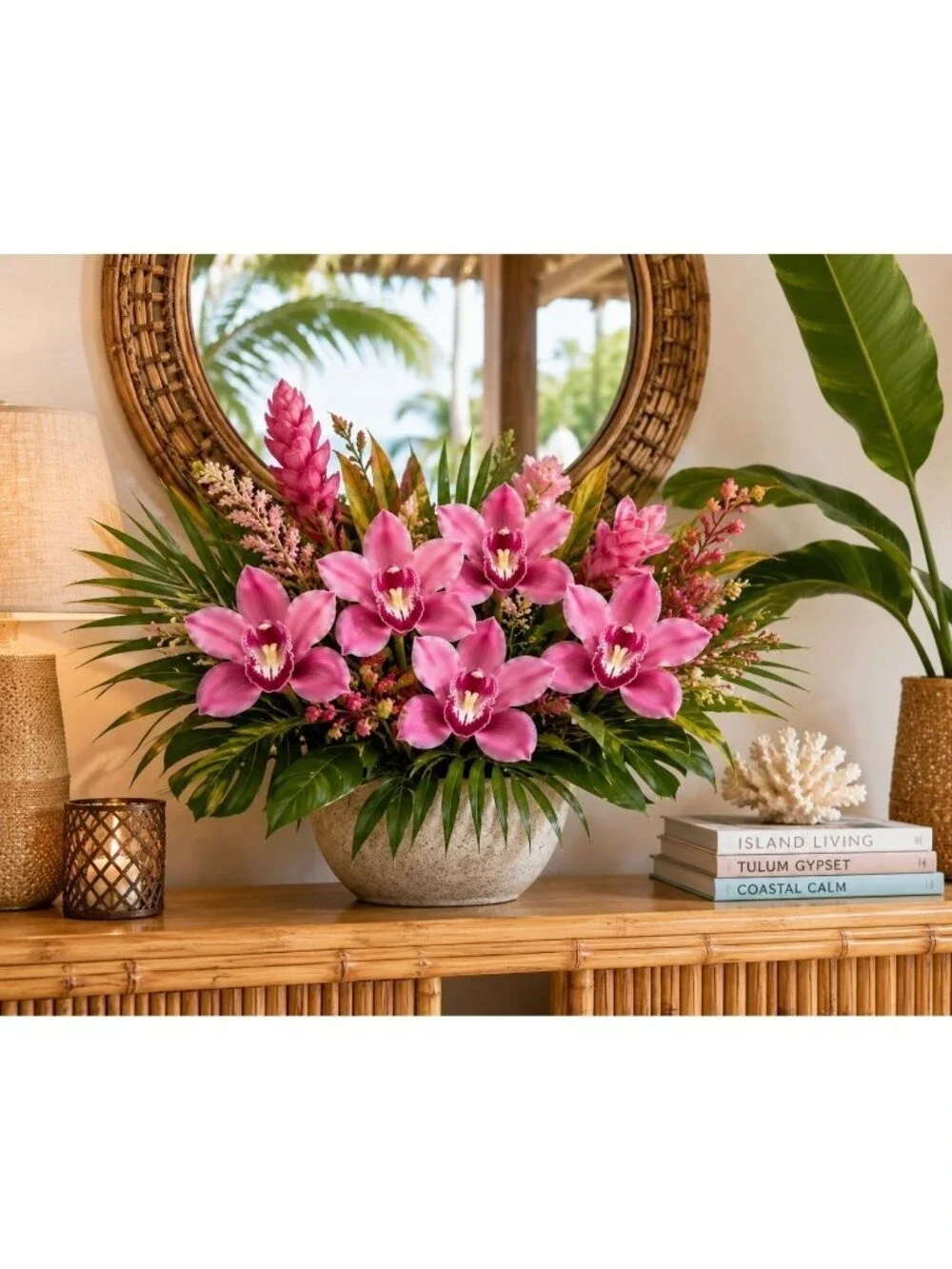 Artificial Cymbidium Orchid Stems Soft Pink Rose Burgundy Faux Orchid Bouquet Re